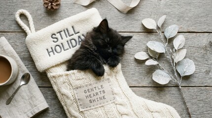Fototapeta premium Adorable black kitten sleeping inside a white knitted Christmas stocking on a rustic wooden surface with silver leaves and coffee, perfect for festive holiday cards, winter themes, and cute pet