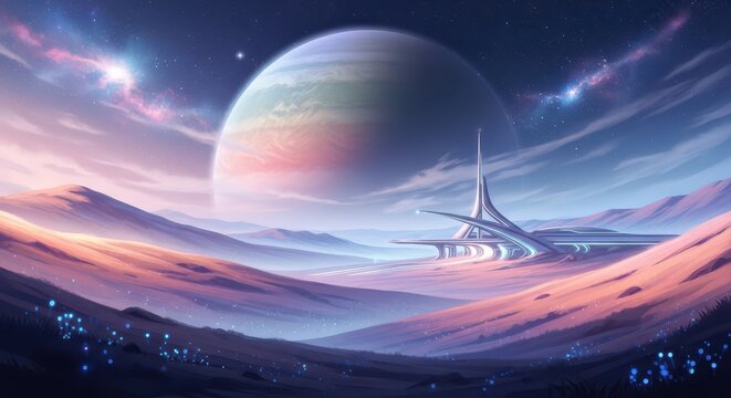 A stunning sci-fi scene of an alien planet with a space station, vibrant colors, and a distant galaxy backdrop.