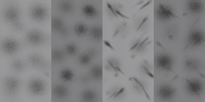 Four abstract grunge textures with white splatters and brush strokes on dark gray backgrounds