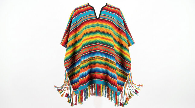 Vibrant Mexican serape poncho in colorful striped design with tassels and intricate patterns, showcasing traditional craftsmanship.