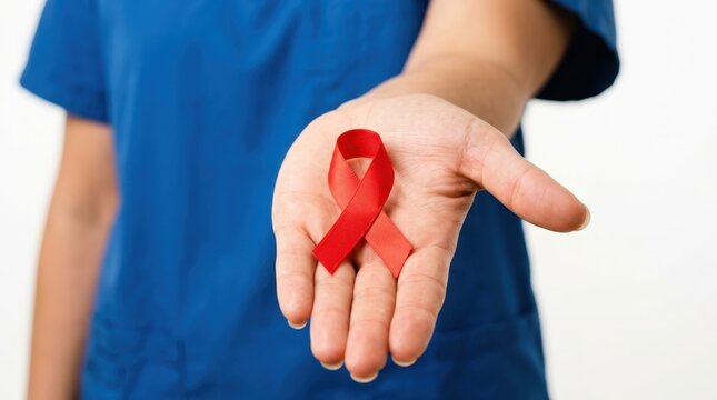 Close up of a medical professional in blue scrubs holding a red awareness ribbon in an open palm to support world AIDS day or heart disease month, representing care and medical solidarity