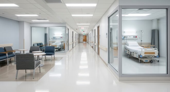 Spacious hospital hallway with patient beds and medical staff, conveying healthcare, safety, and professionalism.