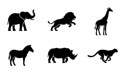 African Wildlife Silhouettes: Elephant, Lion, Giraffe, Zebra, Rhino, Cheetah Vector Icons for Safari and Zoo Designs © Hamim