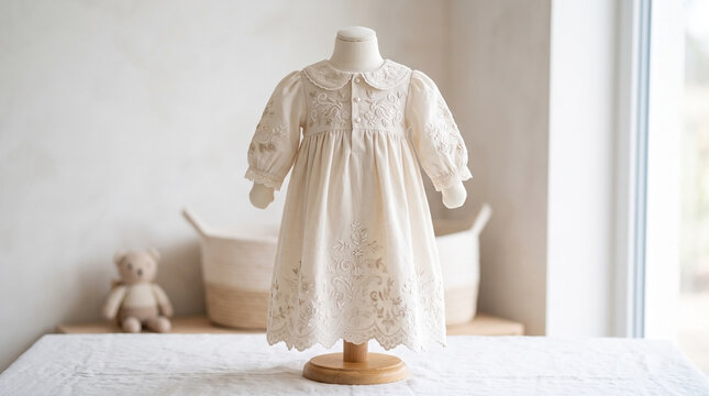 Elegant infant dress displayed on mannequin with soft fabric and classic design. The dress features beautifully embroidered details and puffed sleeves, making it perfect for special occasions.