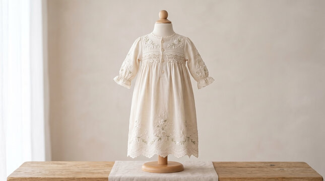 Elegant children's dress displayed on wooden table with soft light illuminating intricate details. Dress features delicate embroidery and classic design perfect for special occasions.