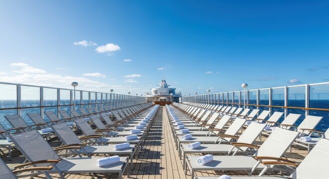 Relaxing vacation scene on a cruise ship deck with sun loungers, clear blue sky, and calm ocean backdrop.