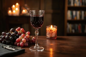 Naklejka premium Crystal glass of red wine with grapes and lit candle on wooden table in cozy room