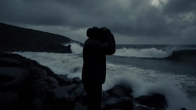 Silhouette on Stormy Coastline Amid Harsh Waves.