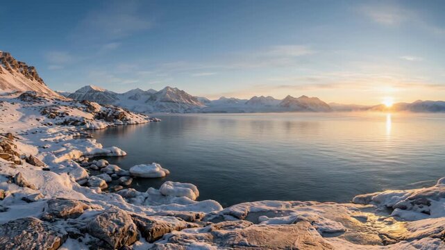 Sunrise over snowy mountains and icy rocky shoreline by calm water