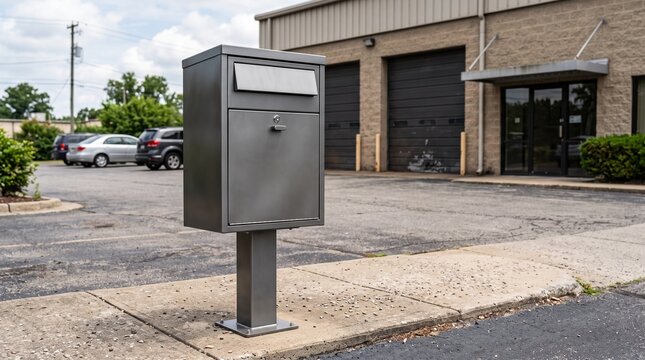 Vehicle key drop box at auto repair shop. Secure metal station for after-hours car service.