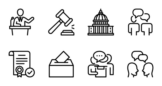 Government and Law Icons: Judge, Gavel, Capitol Building, Voting, Certificate, Debate, Legal System, Civic Duty