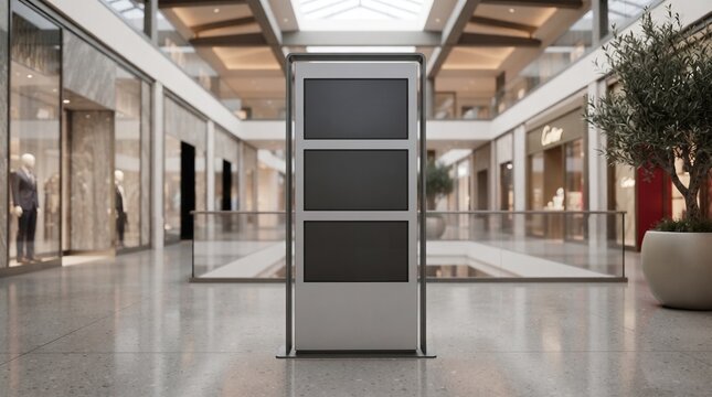 Wayfinding totem in shopping mall. Blank digital kiosk for advertising and navigation.