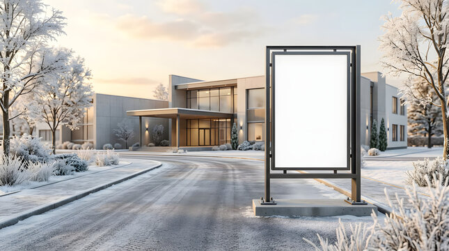 Blank vertical billboard mockup in winter near modern building
