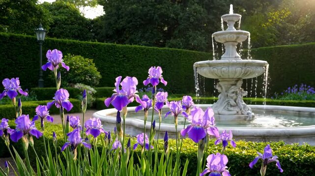 Garden fountain with purple flowers, European fountain garden view