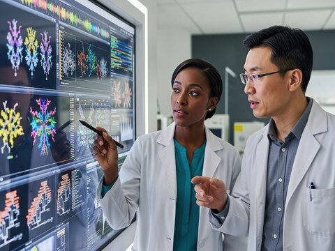 Two scientists in white lab coats collaborate in a modern laboratory, analyzing complex molecular and genomic data on a large interactive digital touchscreen.