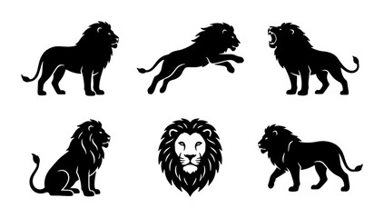 Lion Silhouettes Vector Set, Majestic King of Jungle Poses, Fierce Roaring Head, Powerful Animal Graphics, Black and White Icon Collection © Fahinkhan