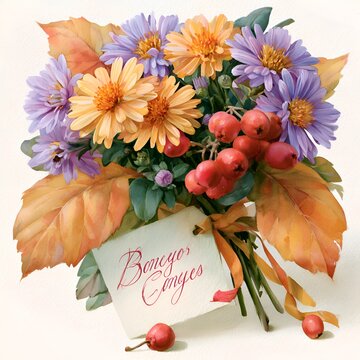 Watercolor painting of a vibrant autumn bouquet with yellow and purple asters, red berries, and warm-toned leaves, tied with ribbon and a tag that reads "Bon voyage Conges"