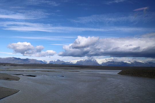 View of the Skeidararsandur- a black sand plain on the south coast of Vatnaj&ouml;kull in Vatnajokull National Park in southeast Iceland   