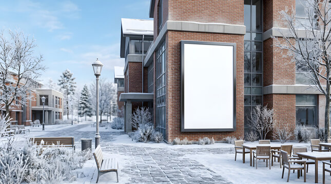 Blank vertical billboard mockup on a modern brick building wall in winter snow