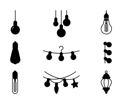 Vector Icons Set: Vintage Edison Bulbs, String Lights, and Lanterns. Retro Decorative Lighting Elements for Design Projects.