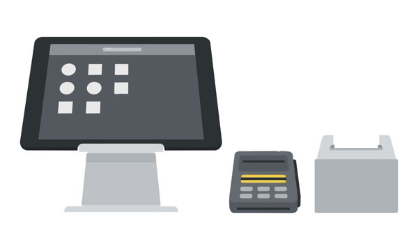 Sleek point-of-sale retail tablet system with card reader and receipt printer in modern flat design. Modern retail technology concept