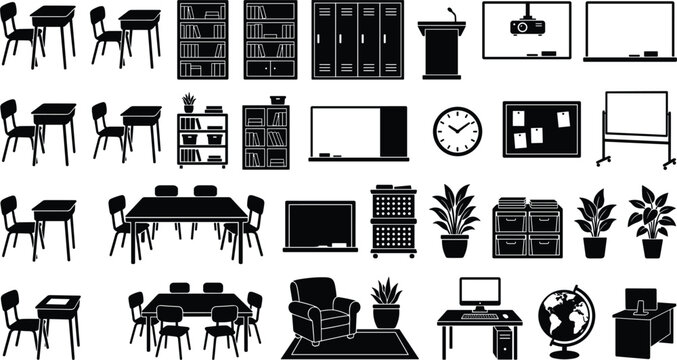 Education workspace interior design elements containing desk chair interactive whiteboard shelf storage computer podium and classroom layout silhouette icons