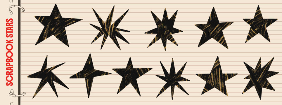 Rough spark and scrap star set with hand drawn charcoal marks. Black spark rays and beige scrap textures form varied pointed silhouettes. Vintage vector collection for notebook cover design