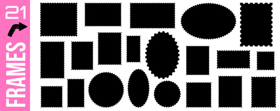 Stamp and postage frame set with flat rectangles circles and oval silhouettes. Black postage shapes use scalloped edges a white bg. Bold vector stamp collection for social media post design