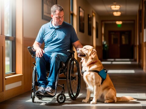 A man in a wheelchair sits in a sunlit hallway, looking warmly at his golden retriever service dog wearing a blue vest.