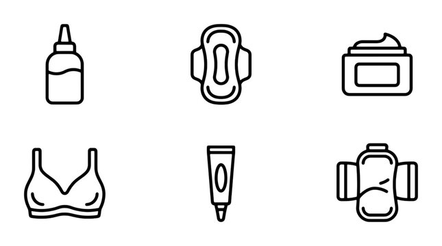 Hygiene and Personal Care Icons Set: Feminine Pads, Bra, Cream Jars, Dropper Bottle, Tube - Vector Graphics for Health and Wellness
