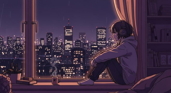 Young man gazing out at city lights from a high-rise apartment, creating a calm, introspective mood for lifestyle or urban themes.