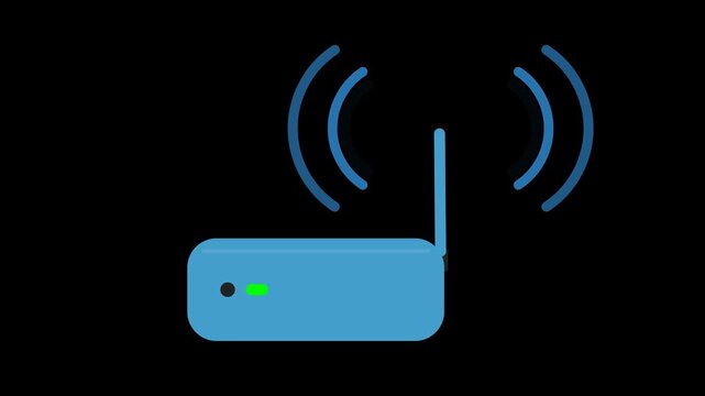 Blue Wi-Fi Router with Signal Waves on Black Background.