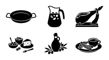 Spanish Tapas Icons Set, Traditional Food & Drink Vector Graphics, Culinary Icons for Menus and Websites