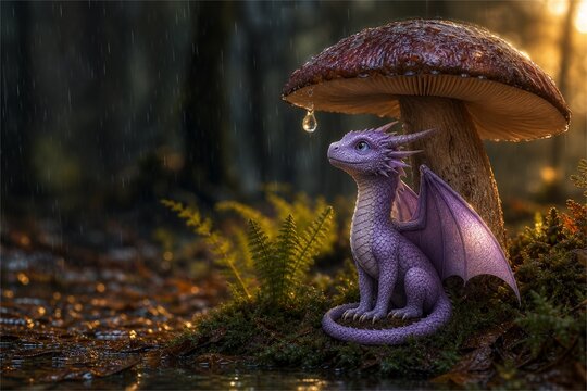 Tiny Lavender Dragon Sheltering Under Mushroom in Rain