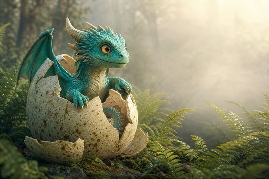 Turquoise Dragon Hatchling Emerging from Egg in Fern Forest