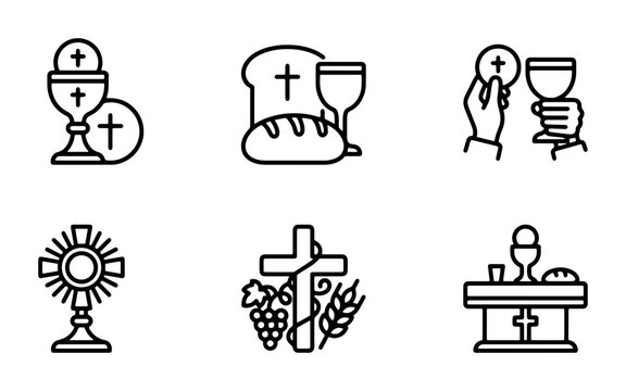 Christian Communion Icons, Religious Symbols Set, Eucharist Chalice and Host Vector Graphics, Sacred Ceremony Elements