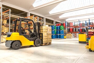 Industrial forklift operating inside large warehouse with rows of stocked shelves forklift warehouse © mrzn