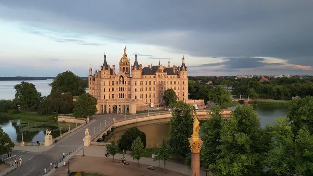 Schwerin Castle. Schweriner Schloss on Lake Schwerin, Mecklenburg-Vorpommern, Germany. Aerial panoramic view of Schwerin Castle. Historic European Castle.
