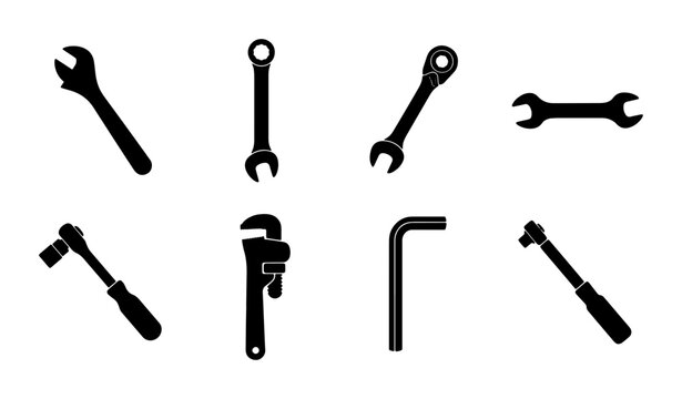 Set of 7 Black Silhouette Tools: Wrenches, Ratchet, Pipe Wrench, Allen Key for DIY, Repair, Construction, Industrial Design