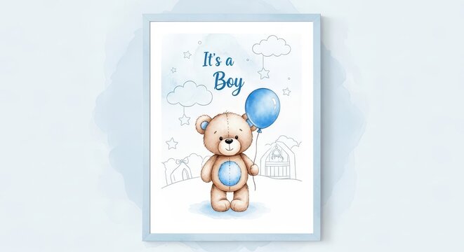 Charming baby boy with a blue balloon, joyful mood, celebrating milestone in a bright, cheerful setting.
