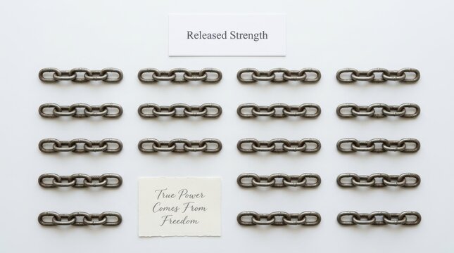 Heavy metal chain segments arranged in a neat grid pattern on a clean white background with motivational text about released strength and true power coming from freedom representing human liberation