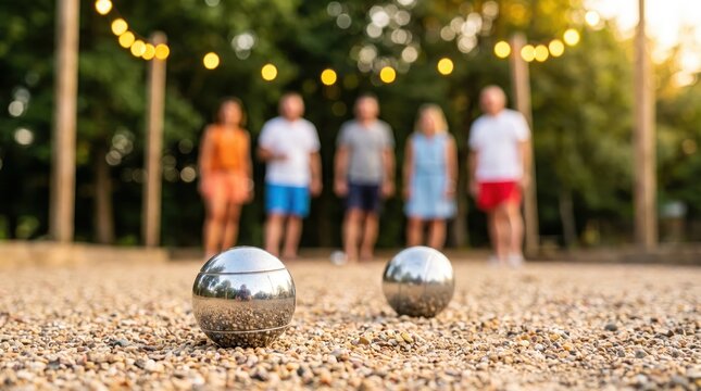 Close up of shiny metallic petanque balls on gravel court with blurred friends background.