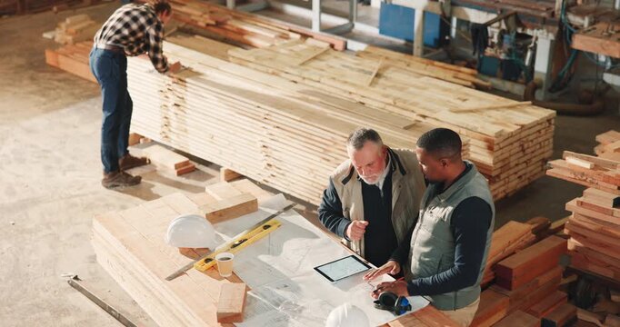 Above, carpentry and men in meeting with blueprint for planning, renovation design and construction. Talking, tablet and people with contractor for timber project, lumber production and woodworking