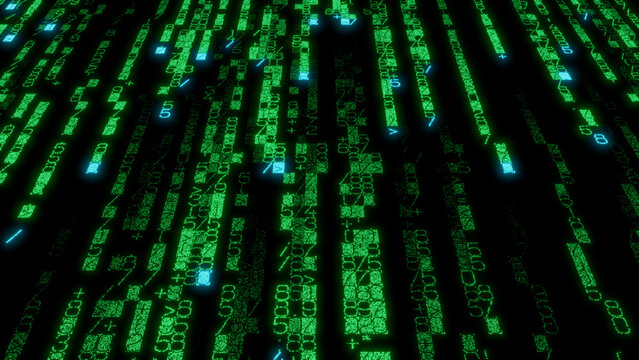 Vivid Mosaic of Bright Green and Blue Binary Code Characters on Black Background - Abstract Digital Artwork for Technology, Data Science, and Cybersecurity Visuals