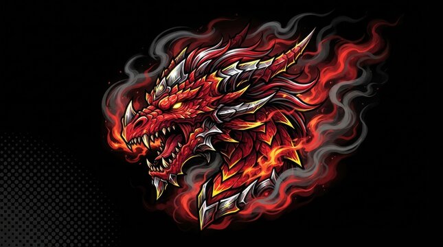 Red dragon head mascot surrounded by fire smoke.