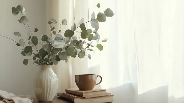 A quaint corner of a room with a vase of flowers on a wooden table beside books, next to a window. A warm and inviting setting for relaxation or reading.