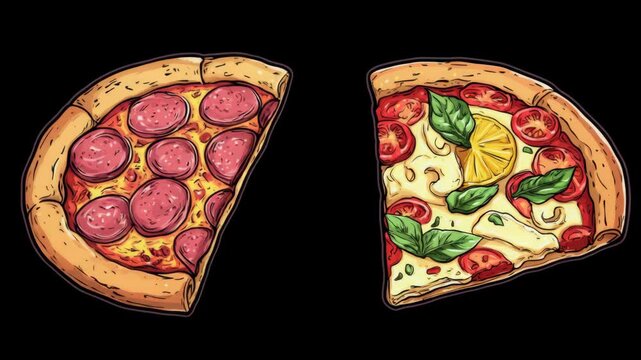 A classic pizza with pepperoni and a gourmet style pizza slice with tomato sauce, cheese, basil, and lemon.