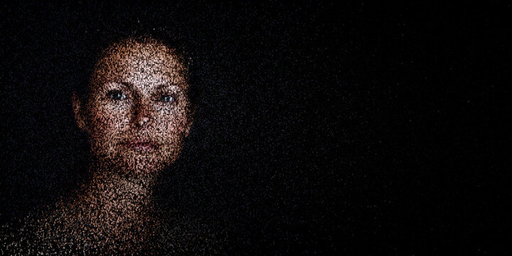 Digital ID Portrait of Woman with Face made up of Numbers and Symbols. Access control Concept with copy-space.