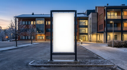 Naklejka premium Blank vertical billboard mockup in winter office parking lot at dusk