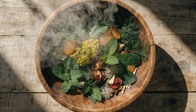 Aromatic herbal mixture with mint leaves and yellow flowers in wooden bowl with steam rising for holistic wellness and natural therapy concept emphasizing organic beauty and spiritual practice.